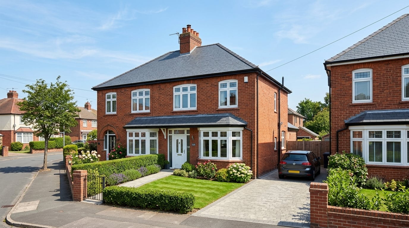 UK semi-detached house with new slate roof