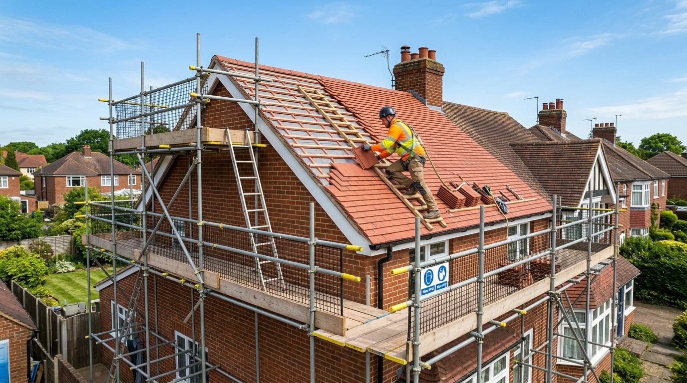 Professional roofer working on UK home